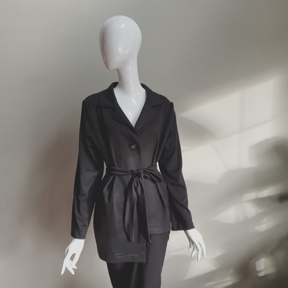 Black Asymetrical Jacket with Tie Belt - Picture 2 of 5
